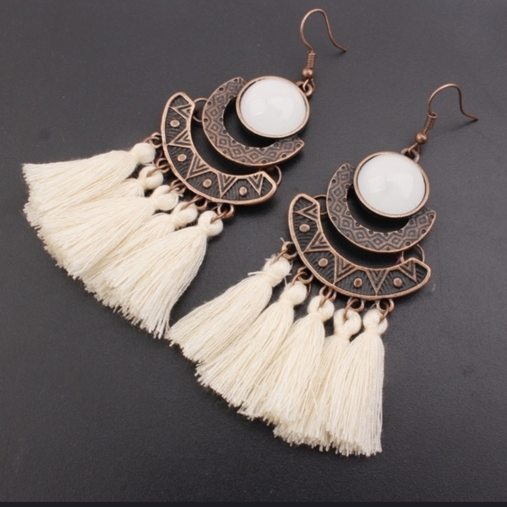 Moonstone Tassel Fishhook 3.5" Earrings Boho Aztec Cream Copper Color